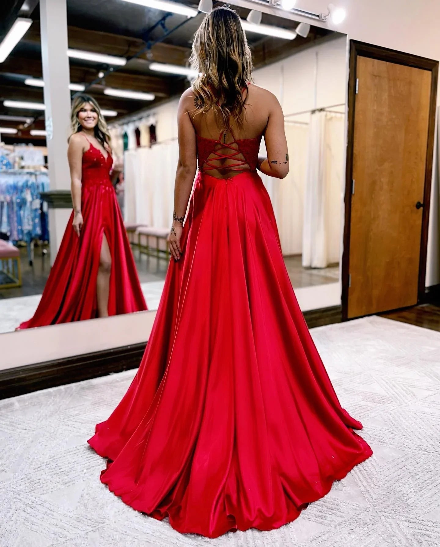 Sunnderly A-line Spaghetti Straps Corset Back Prom Dress With Split