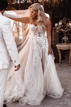A-line Sweetheart Lace Appliques Boho Long Wedding Dress
