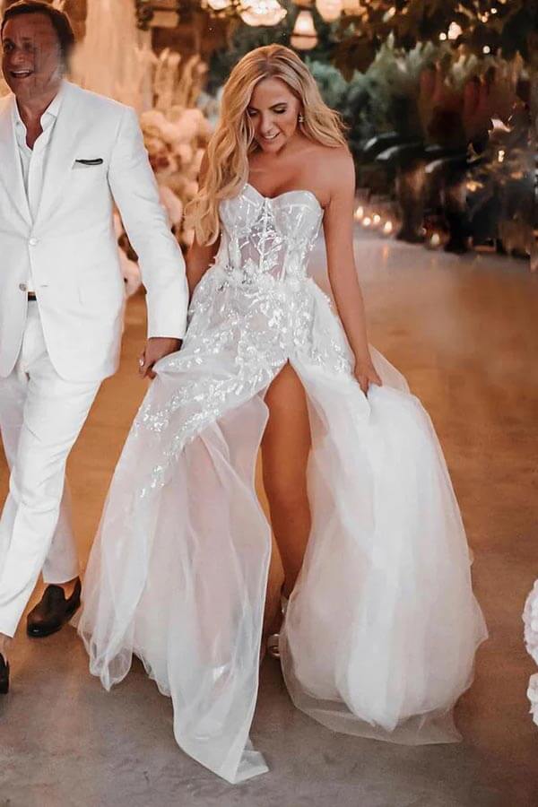 A-line Sweetheart Lace Appliques Boho Long Wedding Dress