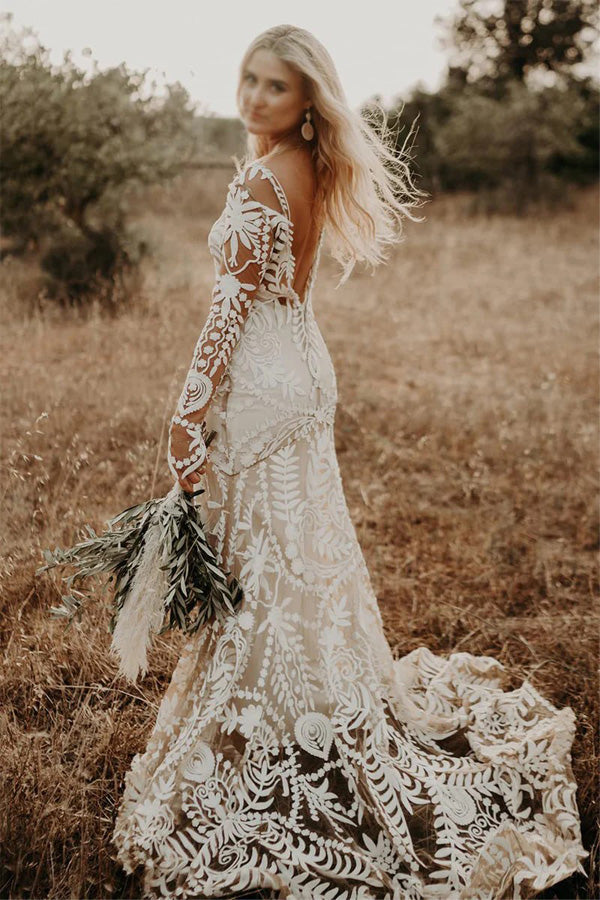 Sheath Unique Lace Long Sleeves Bohemian Wedding Dress