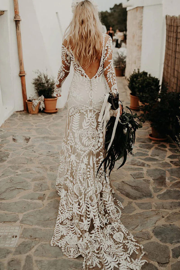 Sheath Unique Lace Long Sleeves Bohemian Wedding Dress