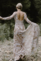 Sheath Unique Lace Long Sleeves Bohemian Wedding Dress