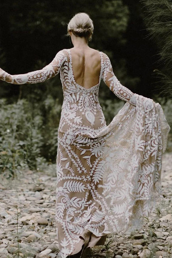 Sheath Unique Lace Long Sleeves Bohemian Wedding Dress