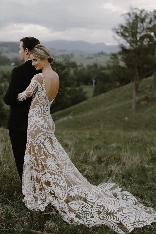 Sheath Unique Lace Long Sleeves Bohemian Wedding Dress