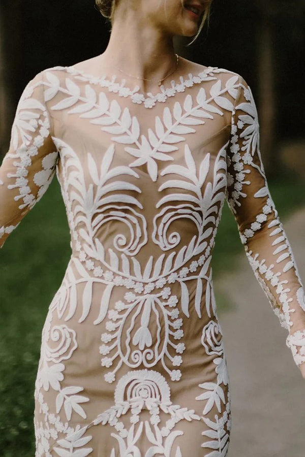 Sheath Unique Lace Long Sleeves Bohemian Wedding Dress