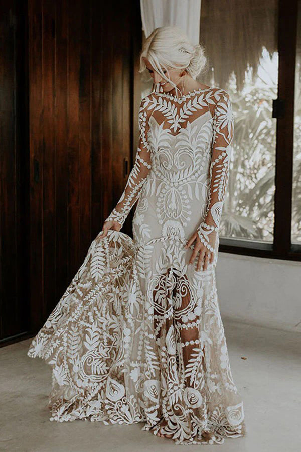 Sheath Unique Lace Long Sleeves Bohemian Wedding Dress