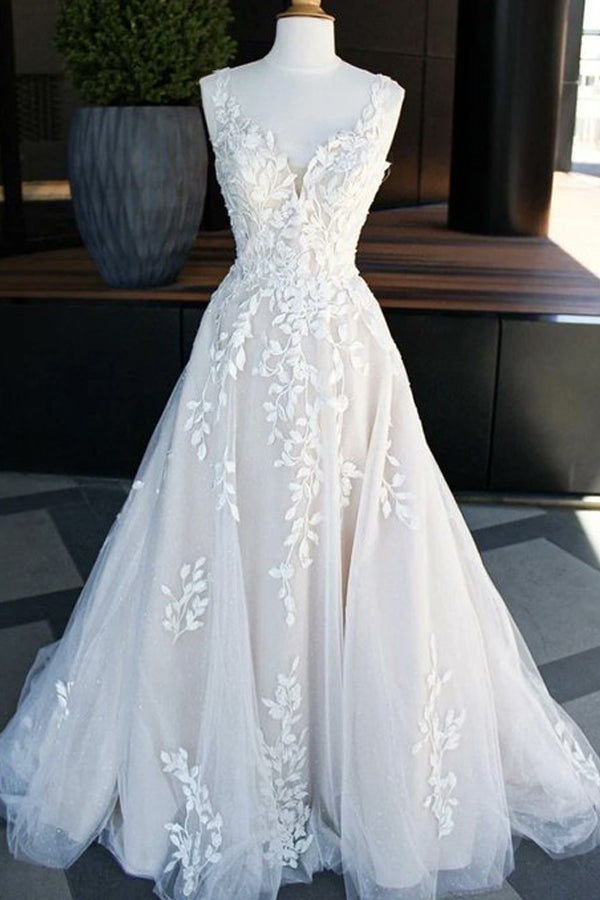 A-line V -neck Sweep Train Wedding Dresses With Lace Appliques