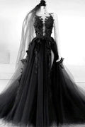 A-line V Neck Black Long Prom Dress Floral Evening Dress