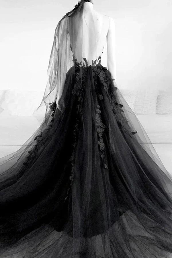 A-line V Neck Black Long Prom Dress Floral Evening Dress