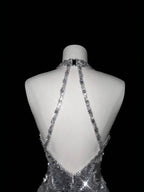 Sparkly Silver Deep V Halter Sequins Beaded Backless Evening Dress Mermaid Prom Dress Y8687