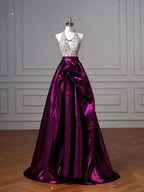 Classy Halter Purple Beaded Satin A Line Prom Dress Long Evening Dress Y8609