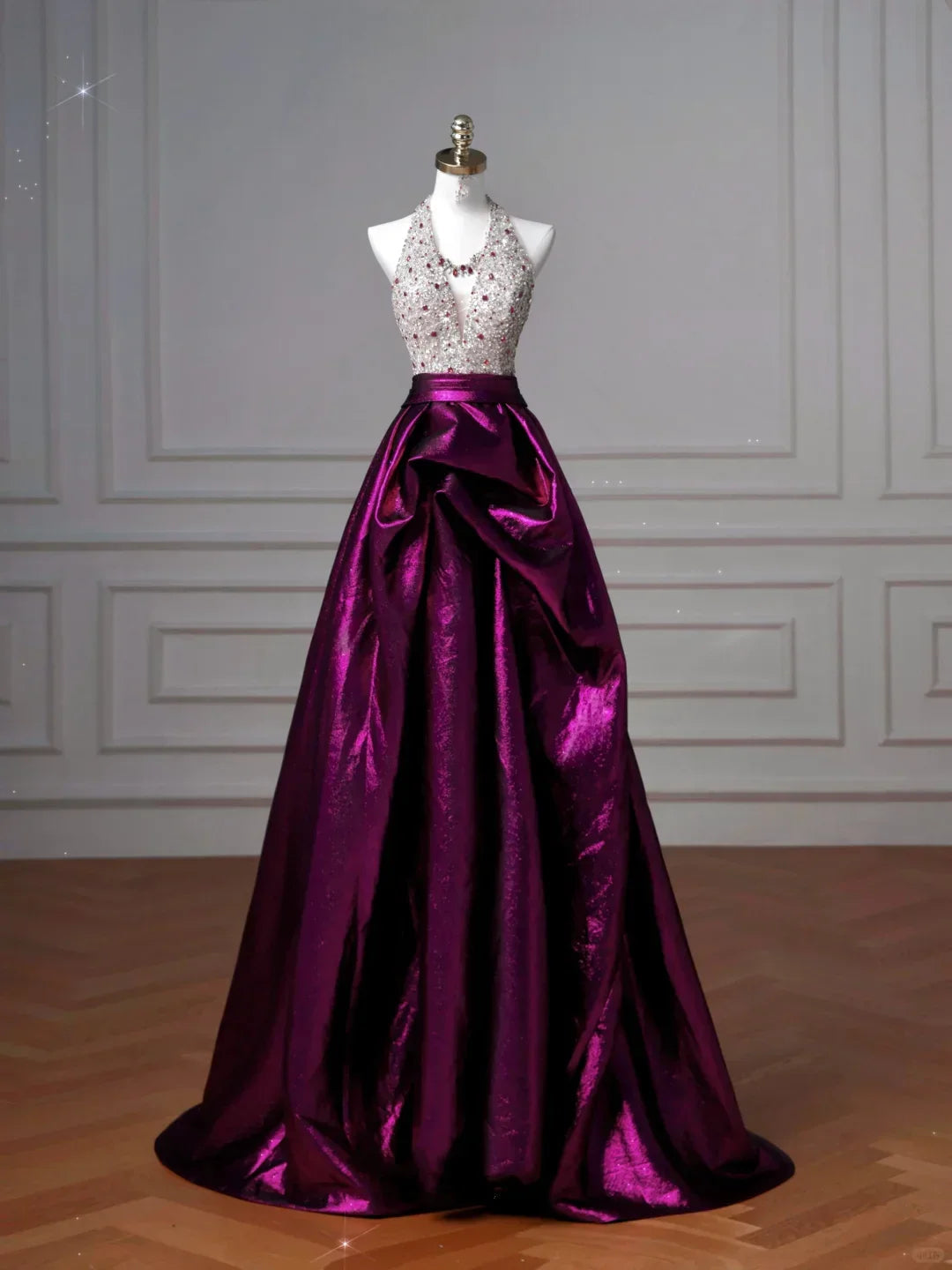 Classy Halter Purple Beaded Satin A Line Prom Dress Long Evening Dress Y8609