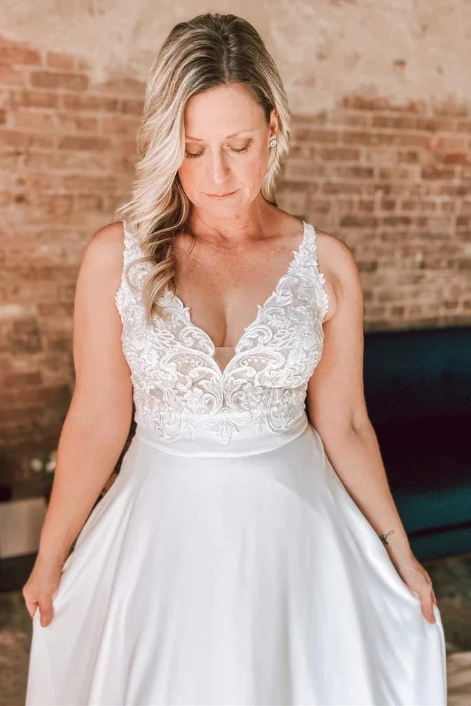 A Line Ivory Floral Lace Open Back Long Wedding Dresses