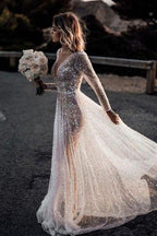 A Line See Through Deep V Neck Long Sleeves  Sparkly Wedding Dresses