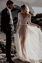 A Line See Through Deep V Neck Long Sleeves  Sparkly Wedding Dresses
