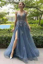 A Line Spaghetti Straps Corset Back Split Long Prom Dress