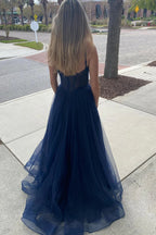 A Line Spaghetti Straps Hot Pink Long Tulle Prom Dress