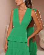 Emerald Green Deep V Neck Layered Ruffles Evening Dress Backless Long Prom Dress Y8386