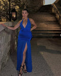 Blue Halter Slit Satin Evening Dress Formal Prom Dress Y7863