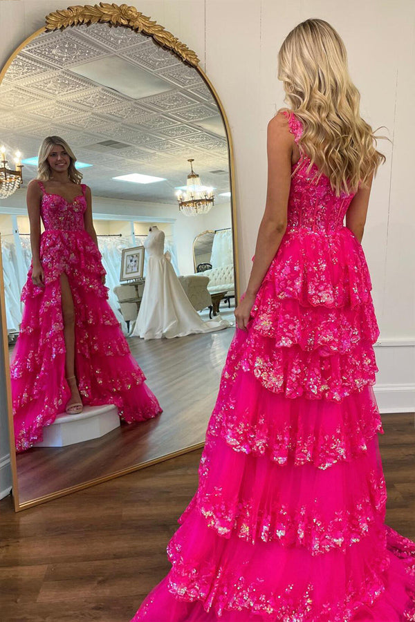 A Line Lace Tiered Stunning Prom Dress Evening Dress With Split