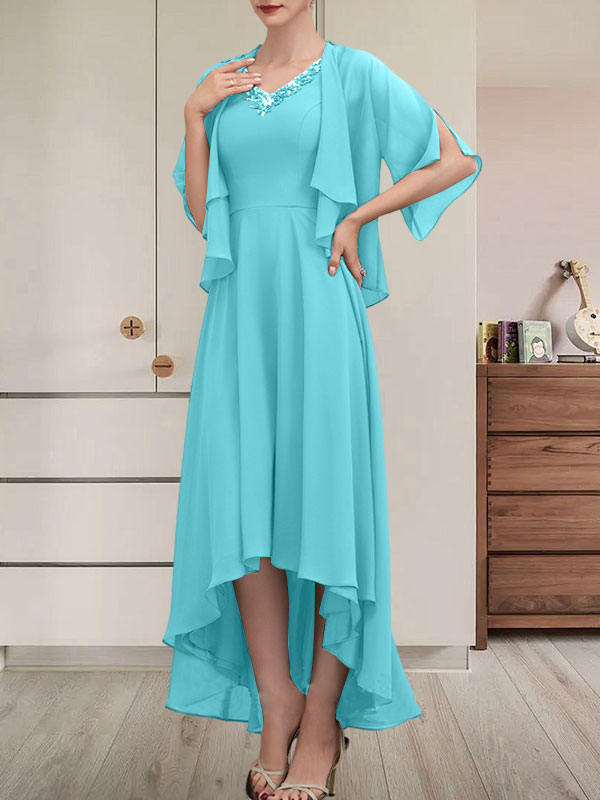 A-line V-Neck Asymmetrical Chiffon Mother of the Bride Dress With Beading Sequins