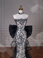 Black Glitter Sequins Tulle Mermaid Prom Dress Strapless Evening Dress With Bow Y8615