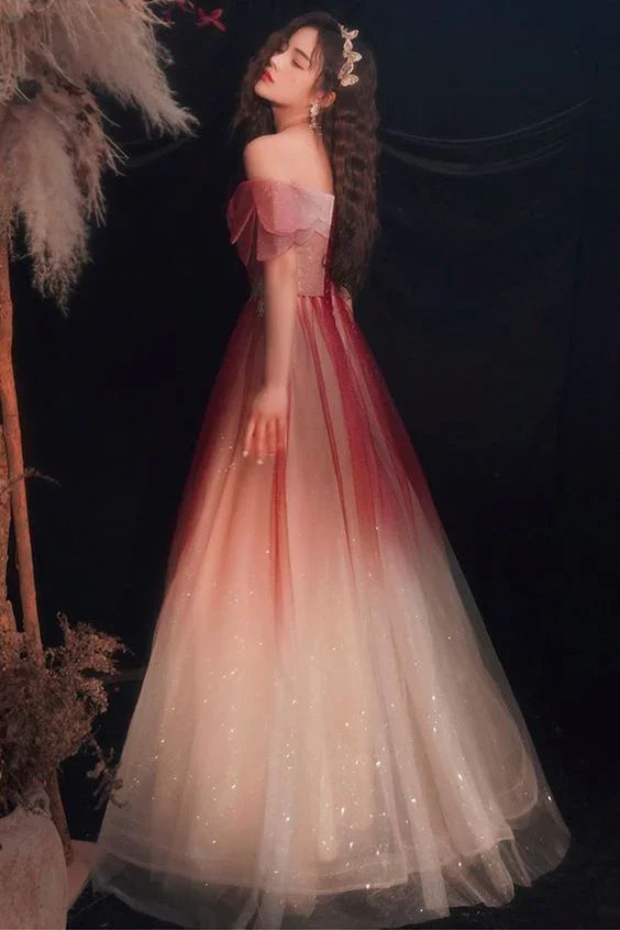 Cute Tulle Sequins Long Prom Dresses A-Line Ombre Evening Dresses Y5850
