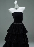 Chic Black A-line Layered Evening Dress Black Strapless Evening Gown Y4378