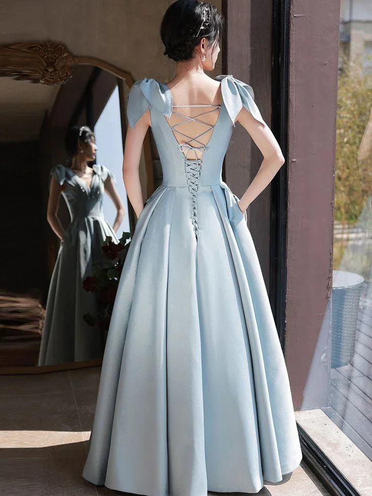 Blue V Neck Satin Long Prom Dress Blue Satin Evening Dresses Y4780