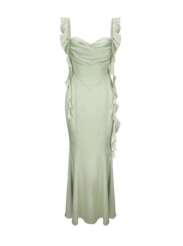 Elegant Summer Ruffle Ribbon Slip Backless Sexy Dress For Women Chic Ruched Slim Evening Dress Y7390