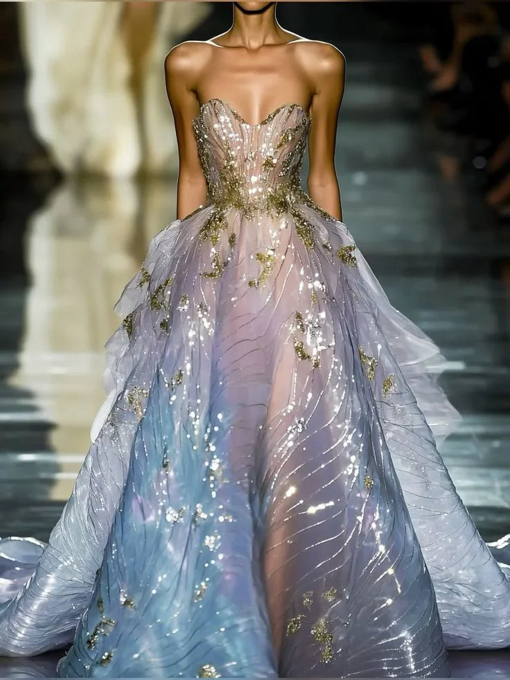Dream Strapless Blue Tulle Sequins Evening Dress Long Formal Prom Dress Y8379