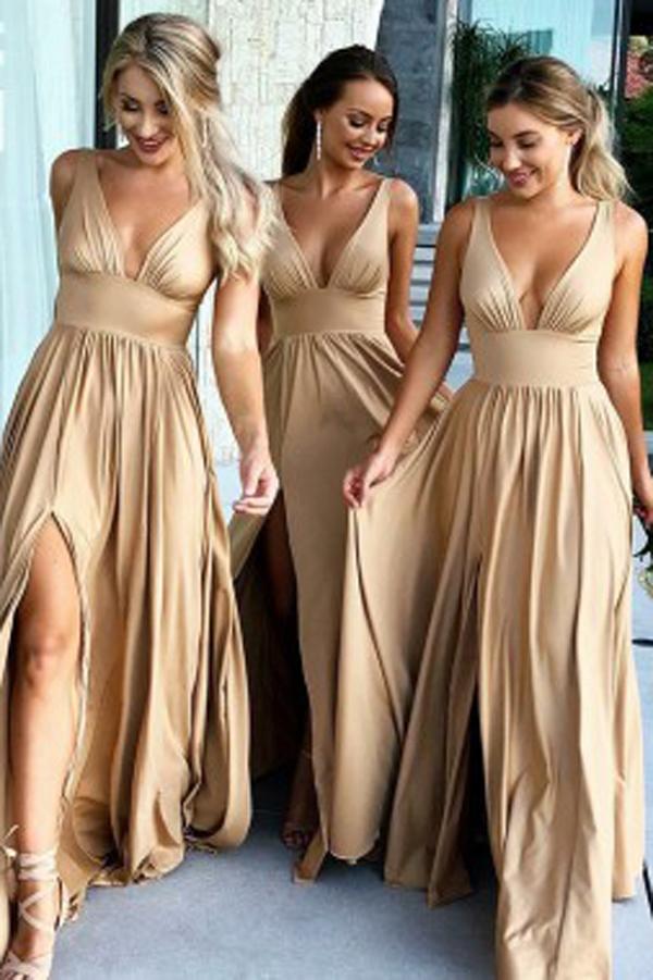 Simple A-Line V-Neck Floor-Length Long Bridesmaid Dress with Slit