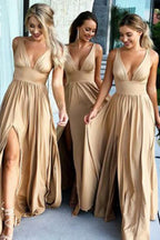 Simple A-Line V-Neck Floor-Length Long Bridesmaid Dress with Slit