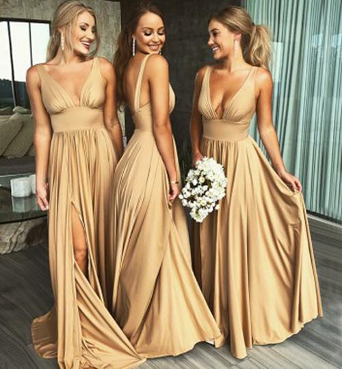 Simple A-Line V-Neck Floor-Length Long Bridesmaid Dress with Slit