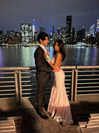 Romantic Pink Backless Sleeveless Lace Mermaid Evening Dresses with Train Y1490
