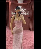 Charming Pink Mermaid Beaded Evening Gown Spaghetti Straps Slit Long Prom Party Dress Y7970