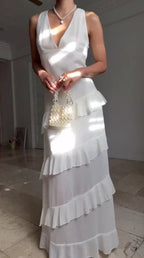Simple White V Neck Chiffon Ruffle Prom Dress Backless Long Evening Dress Y8500