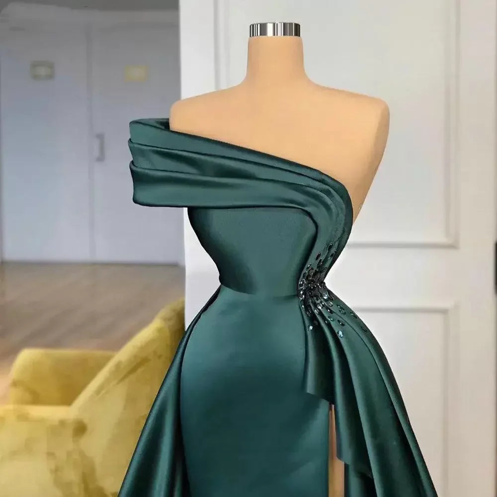 New Long Satin Evening Dresses Wear Elegant Ruched Crystal Beads Split One Shoulder Evening Gowns Formal Women Prom Dresses S23314