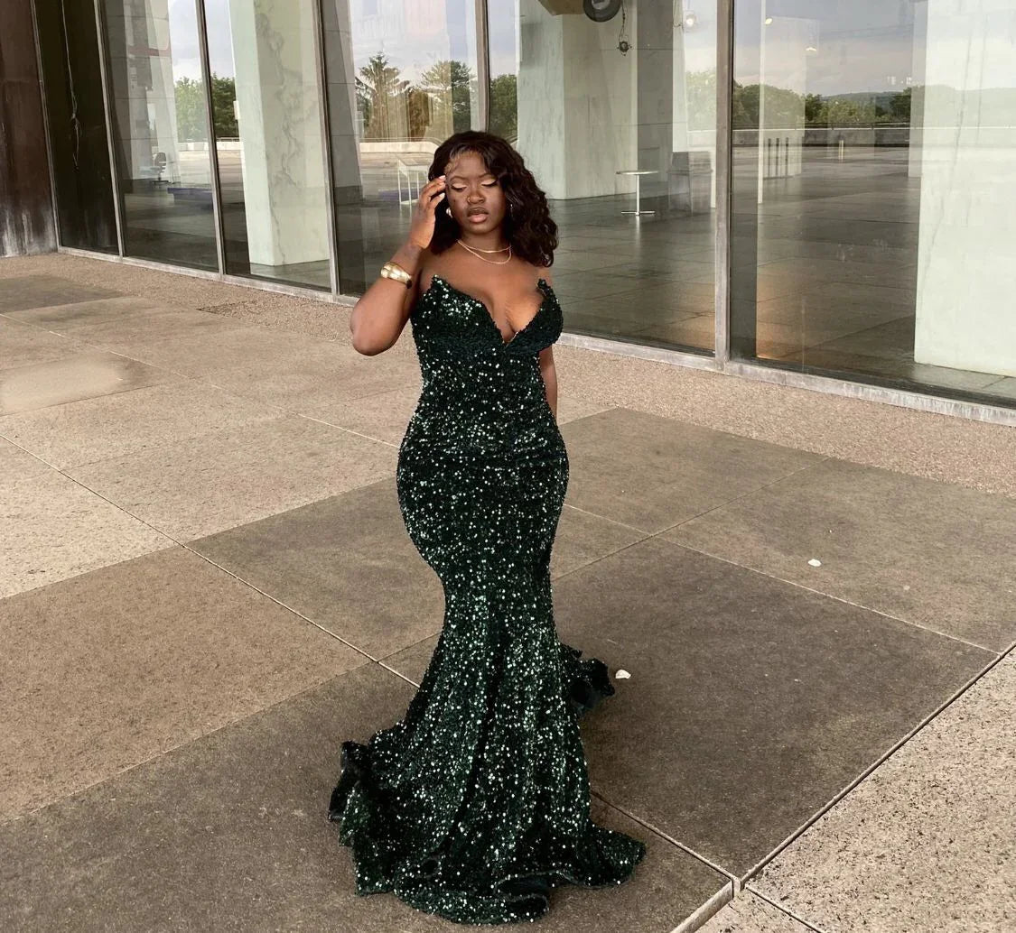 Sexy Mermaid Glitter Prom Dress Long Evening Gowns Dark Green Women Formal Dresses Y4329