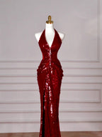 Sexy Burgundy Sequins Halter V Neck Evening Dress Backless Mermaid Evening Dress Y8628