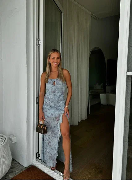 Chic Chiffon Print Floral Long Prom Dress Strapless Slit Party Evening Dress Y8238