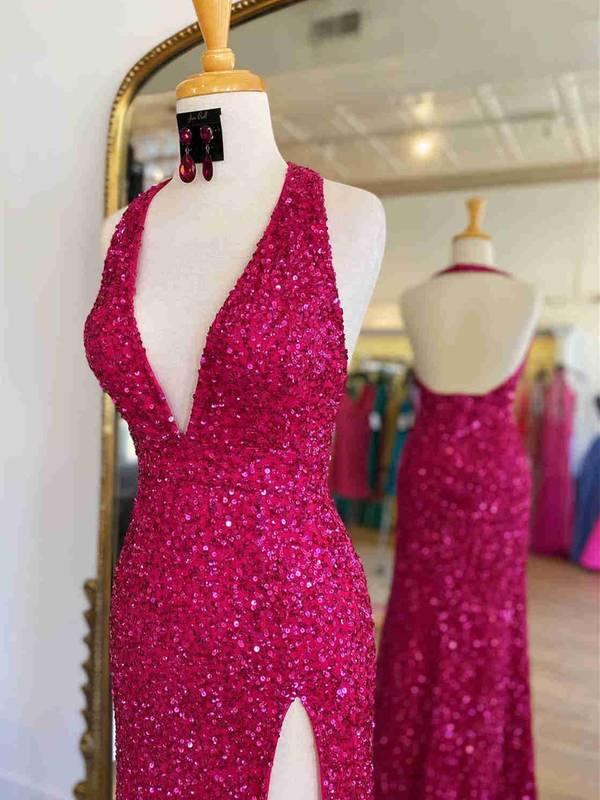 Sunnderly Backless Red Sequins Prom Gown With Slit SYP96