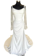 Backless Ruched White Wedding Dress with Detachable Sleeves