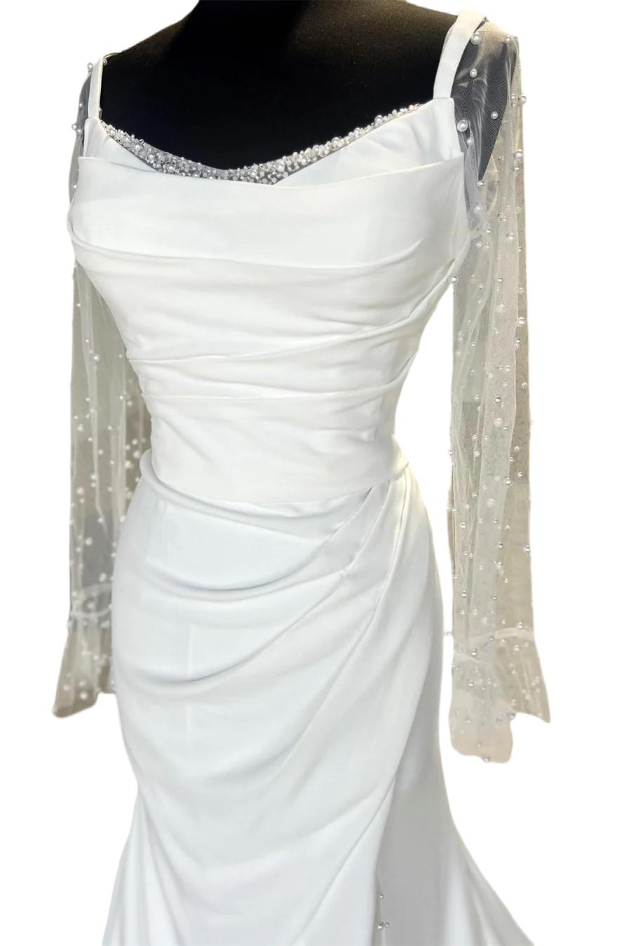 Backless Ruched White Wedding Dress with Detachable Sleeves