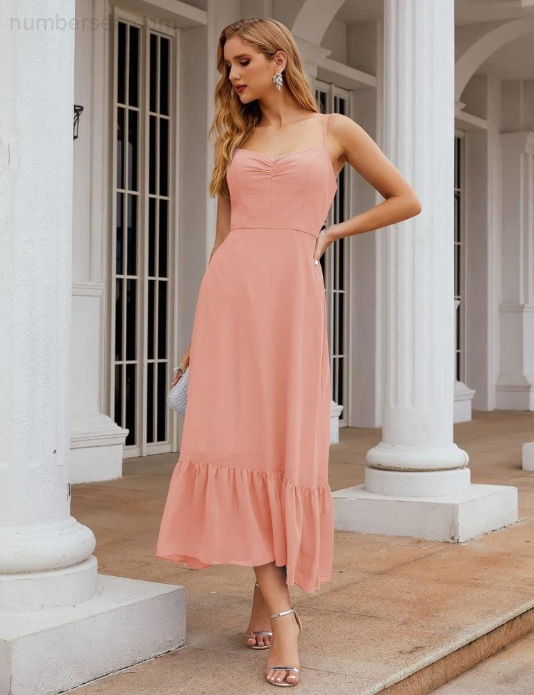 Spaghetti Strap Chiffon Bridesmaid Dress Ankle Length Formal A Line Cocktail Party Homecoming Dress for Juniors  SEA28028
