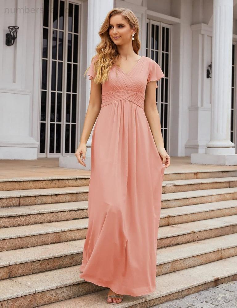 Chiffon Bridesmaid Dress Cap Sleeves Maxi Prom Gowns Party Wedding Mother of The Bride Dresses for Women SEA28047