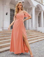 Chiffon Cold Shoulder Long Bridesmaid Dresses Plus Size Formal Prom Gowns for Women Party Wedding  SEA28070