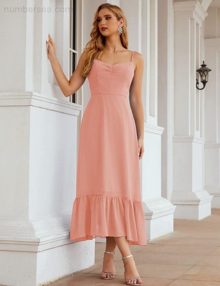 Spaghetti Strap Chiffon Bridesmaid Dress Ankle Length Formal A Line Cocktail Party Homecoming Dress for Juniors  SEA28028