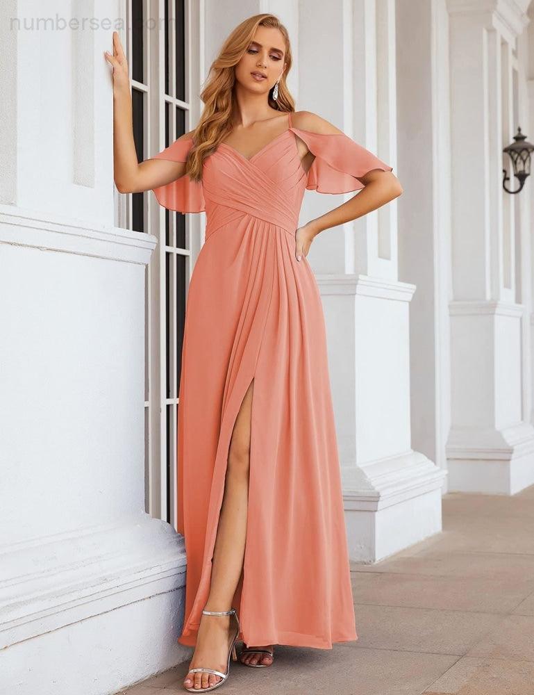Chiffon Cold Shoulder Long Bridesmaid Dresses Plus Size Formal Prom Gowns for Women Party Wedding  SEA28070