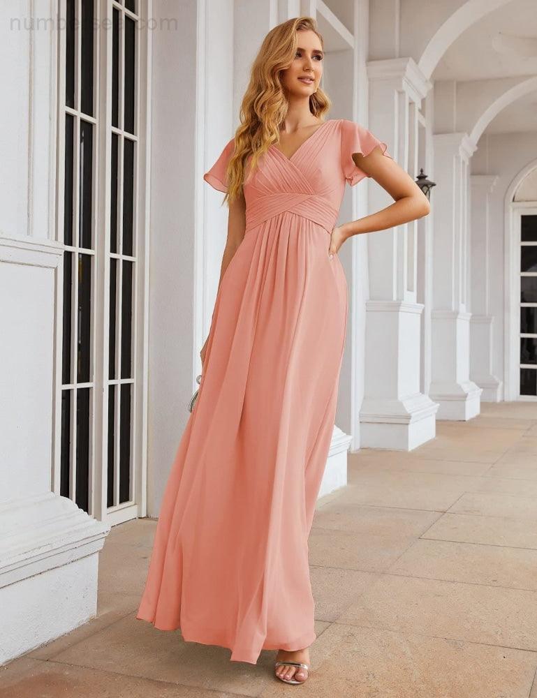 Chiffon Bridesmaid Dress Cap Sleeves Maxi Prom Gowns Party Wedding Mother of The Bride Dresses for Women SEA28047